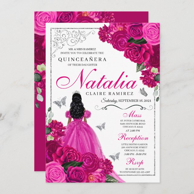 Convite Fuchsia Pink Prata Butterfly Quinceañera (Frente/Verso)