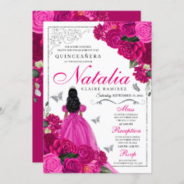 Convite Fuchsia Pink Prata Butterfly Quinceañera