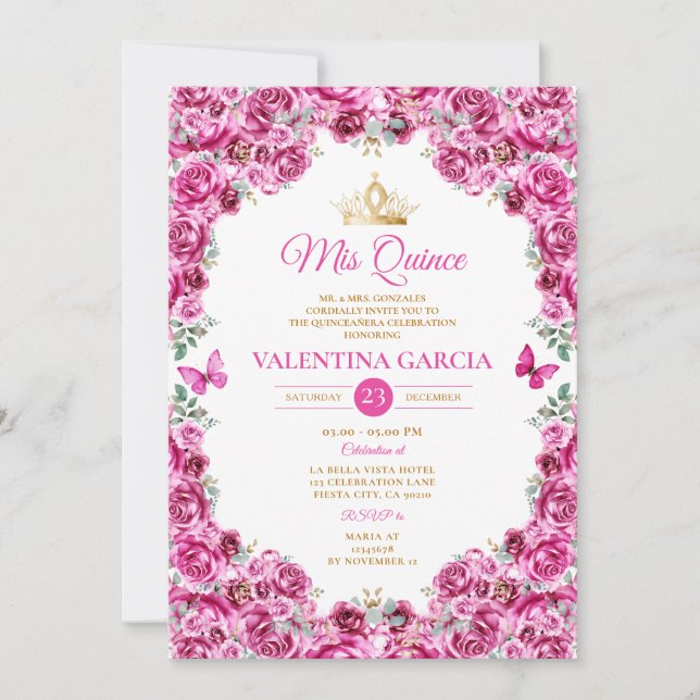 Convite Fuchsia Pink Quinceañera 15 Anos Coroa Dourada Flo (Frente)