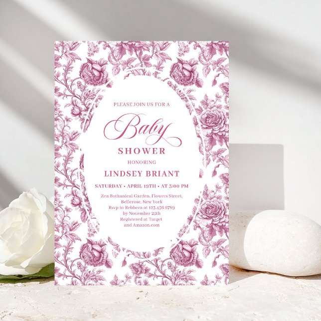 Convite Fuchsia Pink Roses Pattern Boho Floral Baby Shower (Fuchsia Pink Roses Pattern Floral Baby Shower Invite)