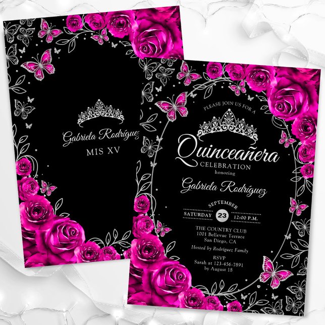 Convite Fuchsia Pink Silver Black Quinceanera (Criador carregado)