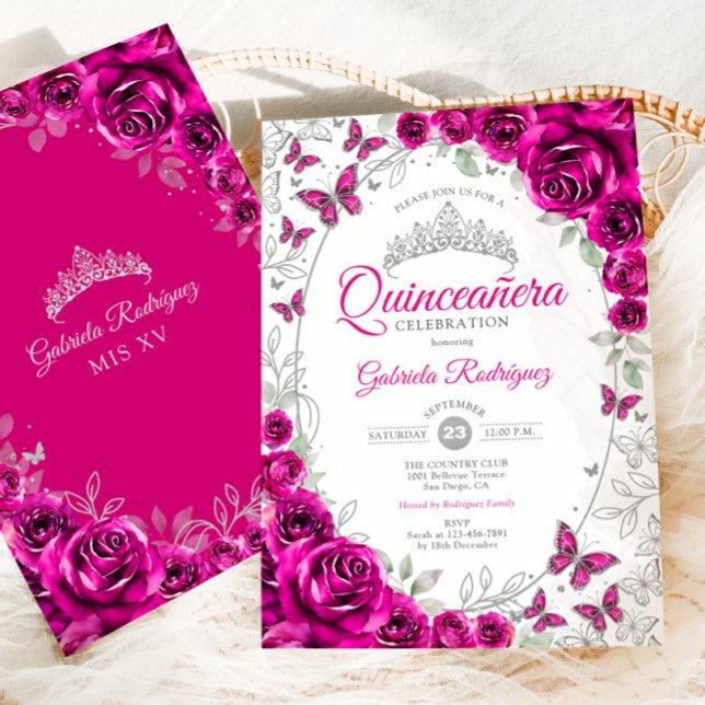 Convite Fuchsia Pink Silver Floral Quinceanera (Criador carregado)