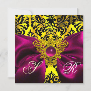 CONVITE FUCHSIA RIBBON DOURADO CELTICO DAMASK MONOGRAMA