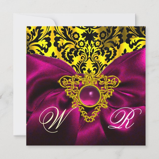 CONVITE FUCHSIA RIBBON DOURADO CELTICO DAMASK MONOGRAMA (Frente)