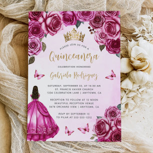 Convite Fuchsia Rosa Dourado Floral Aquarela Quinceañera