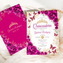 Fuchsia Rosa Dourado Floral Quinceanera