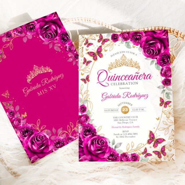 Convite Fuchsia Rosa Dourado Floral Quinceanera (Criador carregado)