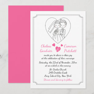 Convite Fuchsia Rosa e Branco Noiva e Noivo Cartoon Casame