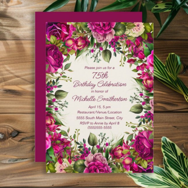 Convite Fuchsia Rosa Floral Folhas Verdes Aniversário de 7 (Fuchsia and pink watercolor floral 75th birthday party invitation)