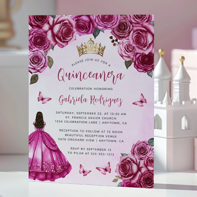 Convite Fuchsia Rosa Flores Rosas Aquarela Quinceañera (Criador carregado)