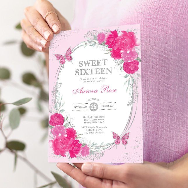 Convite Fuchsia Rosa Prata Aniversário de Dezesseis Anos (Criador carregado)