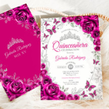 Fuchsia Rosa Prata Floral Quinceanera