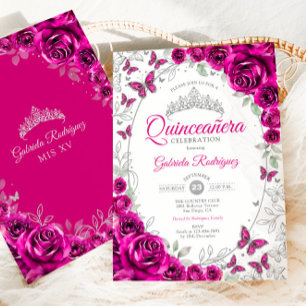 Convite Fuchsia Rosa Prata Floral Quinceanera
