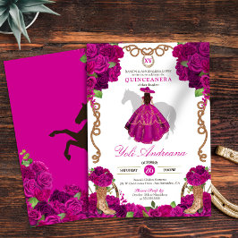 Convite Fuchsia Rosas Rosa Western Charro Quinceañera V2