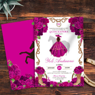 Convite Fuchsia Rosas Rosa Western Charro Quinceañera V2