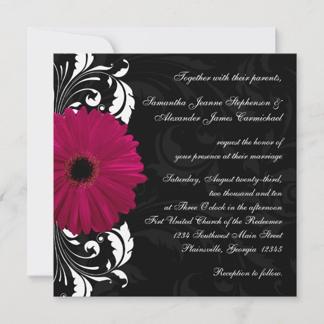 Convite Fuchsia Scroll Gerbera Daisy w/Black and White (Frente)