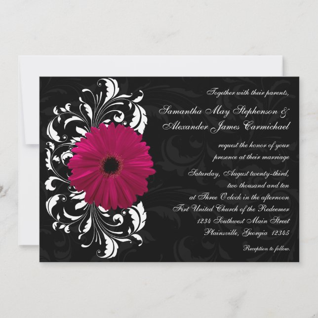 Convite Fuchsia Scroll Gerbera Daisy w/Black and White (Frente)