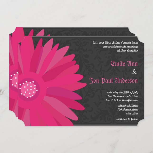 Convite Fuchsia Silver Metallic Gerber Daisy Wedding (Frente/Verso)