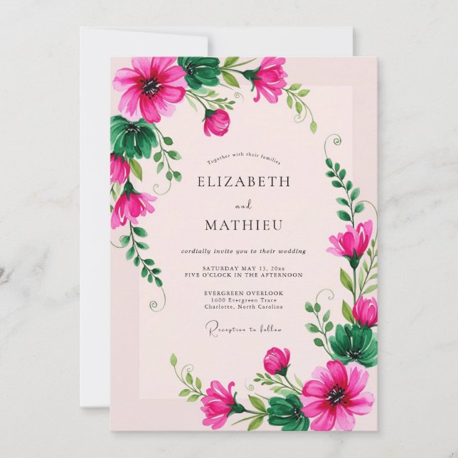 Convite Fuchsia Whimsical Botanical Spring Wedding (Frente)