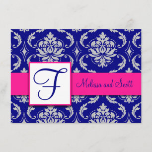 Convite Fúcsia Azul Naval Prata Damasko Save the Date 4A