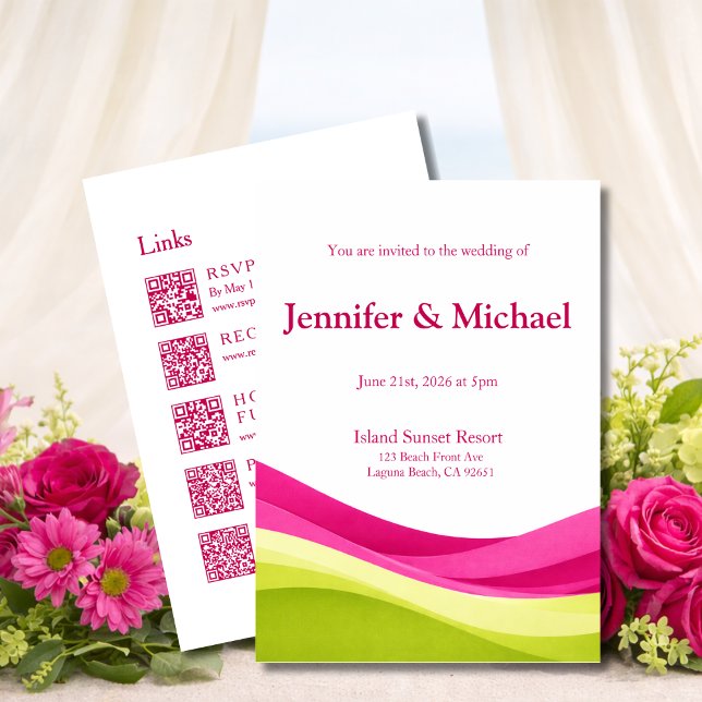 Convite Fúcsia e Verde Limão Casamento Moderno Tudo em Um ( Fuchsia and Lime Green Modern Wedding All in One Invitation)