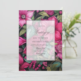 Convite Fúcsia Glamouroso, Verde Esmeralda e Floral Preto