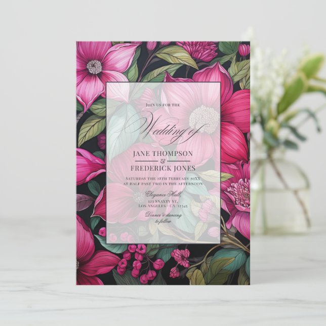 Convite Fúcsia Glamouroso, Verde Esmeralda e Floral Preto (Em pé/Frente)