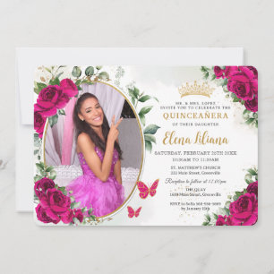 Convite Fucsía Rosas Rosa Quinceañera  Foto