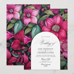 Convite Fúcsia, Verde Esmeralda e Casamento Floral Preto