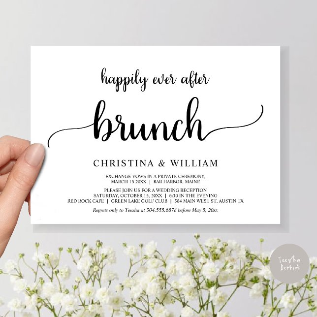 Convite Fuga Romântica, Brunch de Felizes para Sempre, Rús (Happily ever after brunch, Modern wedding, invitation card, PDF, in Black and White)