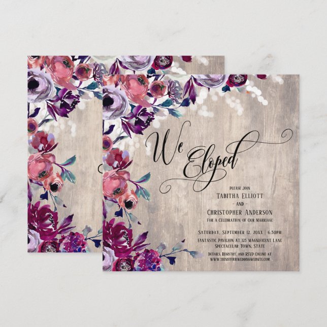 Convite Fugimos com Elegância Script Floral Madeira Pálida (Frente/Verso)