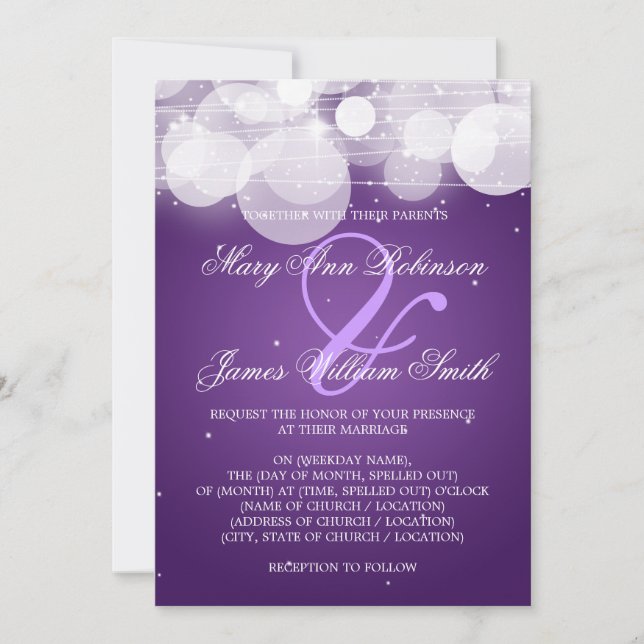Convite Fulgor do casamento & roxo elegantes da faísca (Frente)
