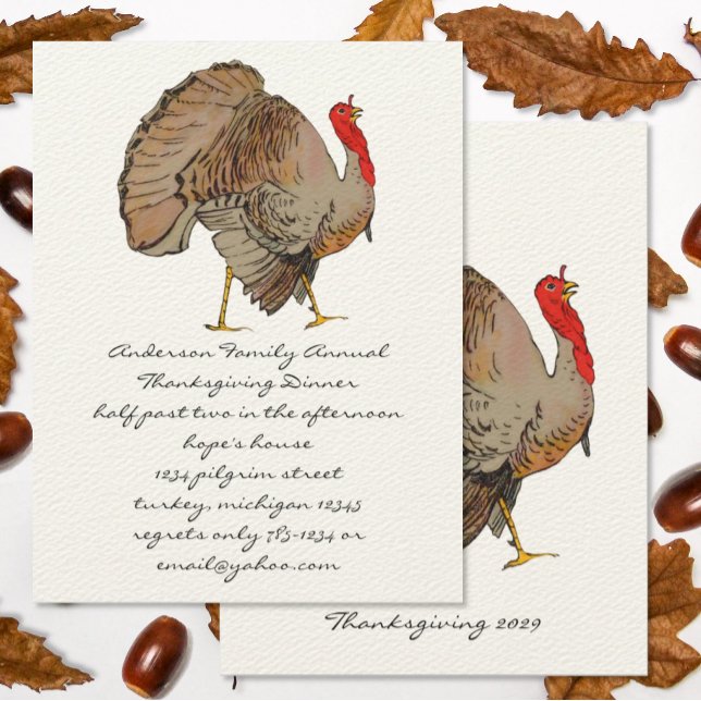 Convite Full color Simple Traditional Turkey Thanksgiving  (Don't forget to change to current year on back.)
