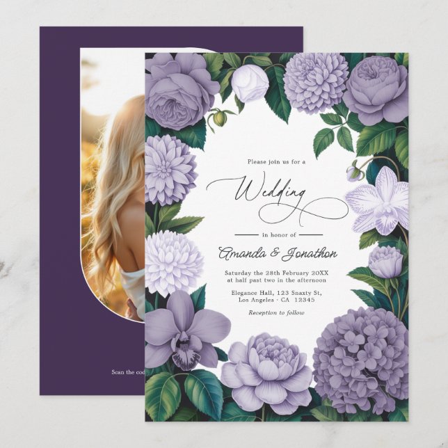 Convite Fumaça de Lavanda, Cinza Lilás e Casamento de Pedr (Frente/Verso)