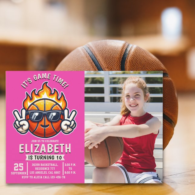 Convite Fun Basketball Birthday Girl with photo (Criador carregado)