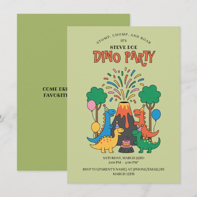 Convite Fun Birthday Dino Party Dinosaur Invitation (Frente/Verso)