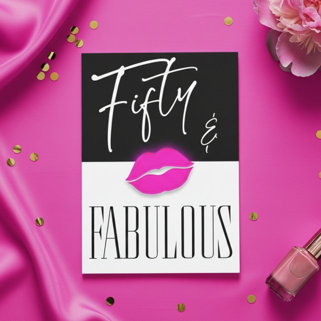 Convite Fun Black White Fifty Fabulous Pink Lips Birthday (Criador carregado)
