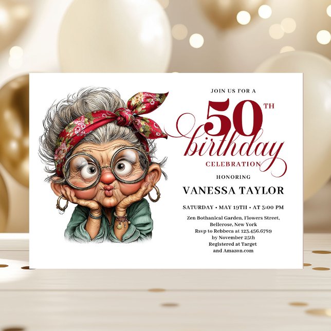Convite Fun bold 50th birthday woman whimsical invitation (Fun bold 50th birthday woman whimsical invitation)