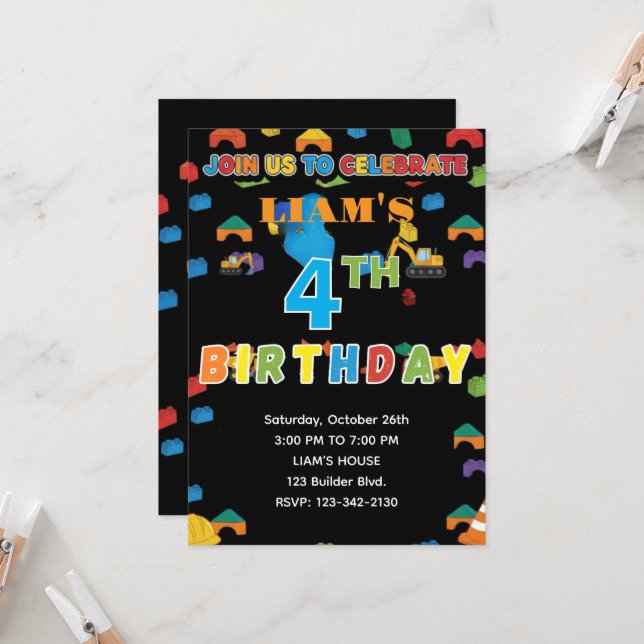 Convite Fun Customizable Construction Birthday Invitation (Frente/Verso In Situ)