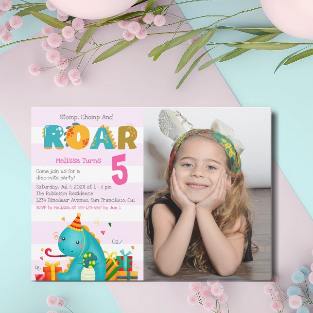 Convite Fun Dinosaur Stomp Chomp and roar Birthday Girl (Criador carregado)