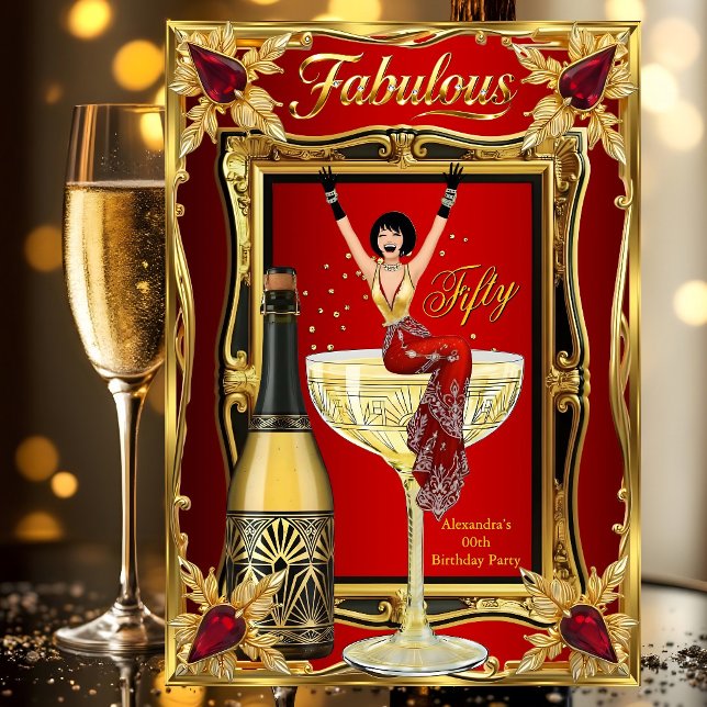 Convite Fun Fabulous Birthday Red Gold Champagne Party (Criador carregado)
