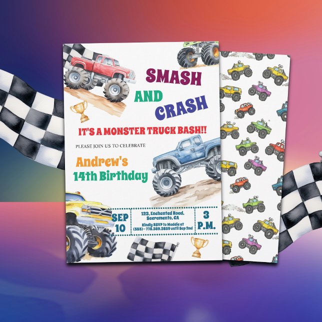 Convite Fun Monster Trucks 14th Birthday Party Invitation (Criador carregado)