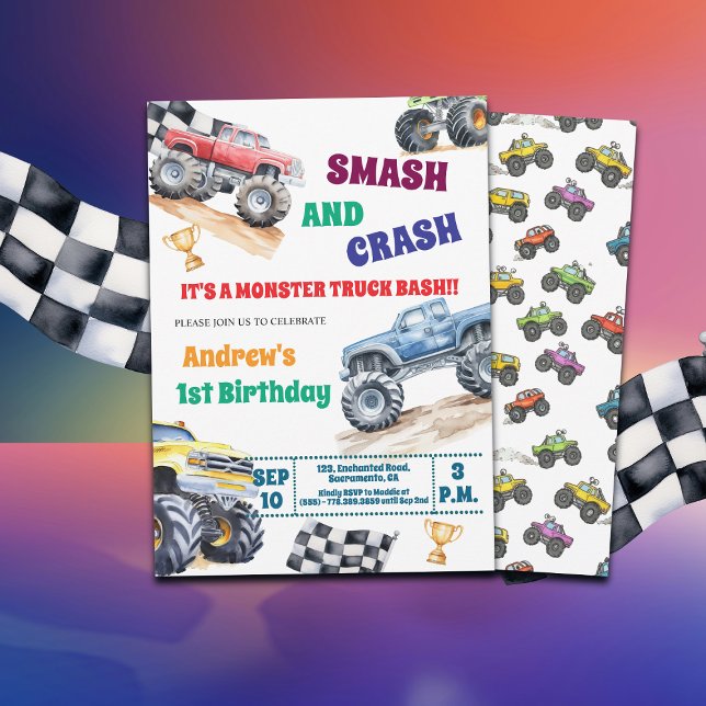 Convite Fun Monster Trucks 1st Birthday Party Invitation (Criador carregado)