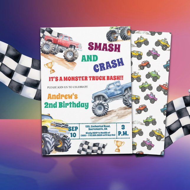Convite Fun Monster Trucks 2nd Birthday Party Invitation (Criador carregado)