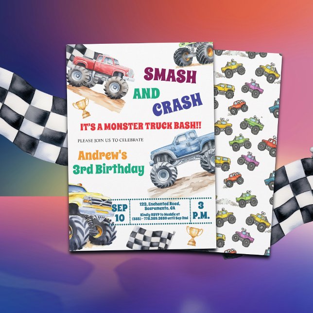 Convite Fun Monster Trucks 3rd Birthday Party Invitation (Criador carregado)