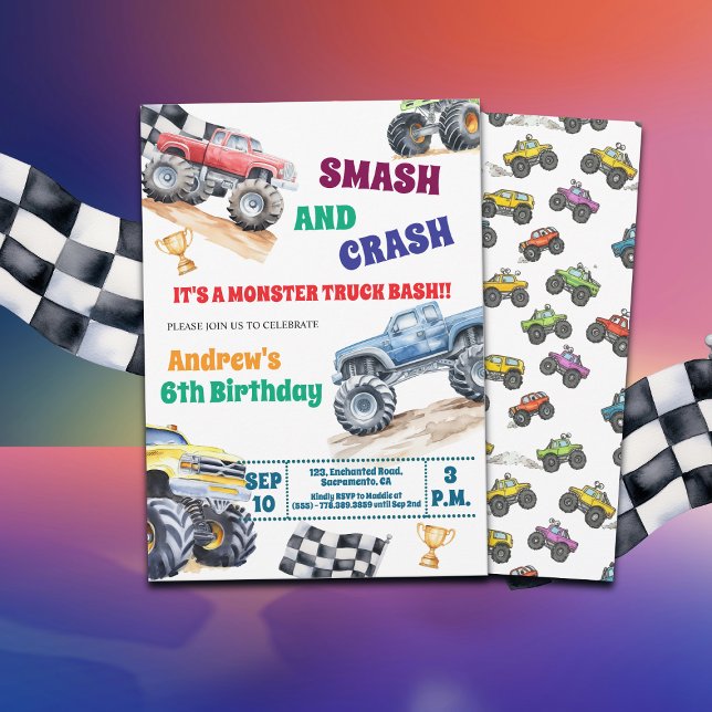 Convite Fun Monster Trucks 6th Birthday Party Invitation (Criador carregado)