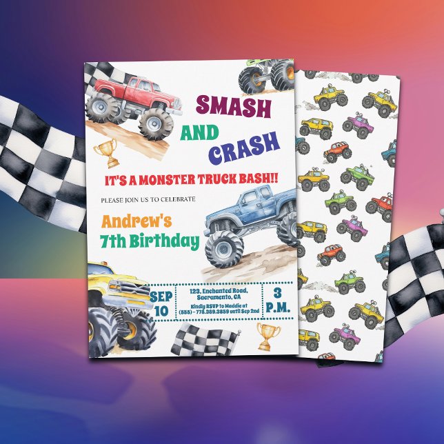 Convite Fun Monster Trucks 7th Birthday Party Invitation (Criador carregado)