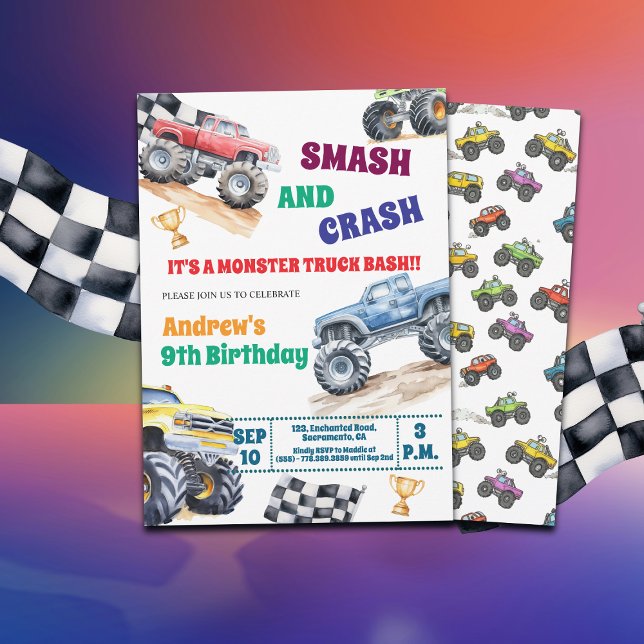 Convite Fun Monster Trucks 9th Birthday Party Invitation (Criador carregado)