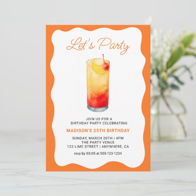 Convite Fun Orange Chic Wavy Summer Cocktail Birthday (Em pé/Frente)