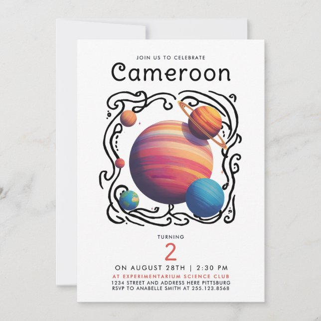 Convite Fun Red Blue Planets Moon Galaxy Outer Space Draw (Frente)